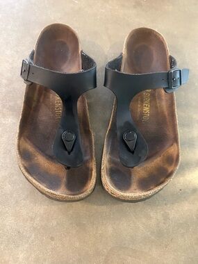 Birkenstock Black Leather Footbed Thong Sandals